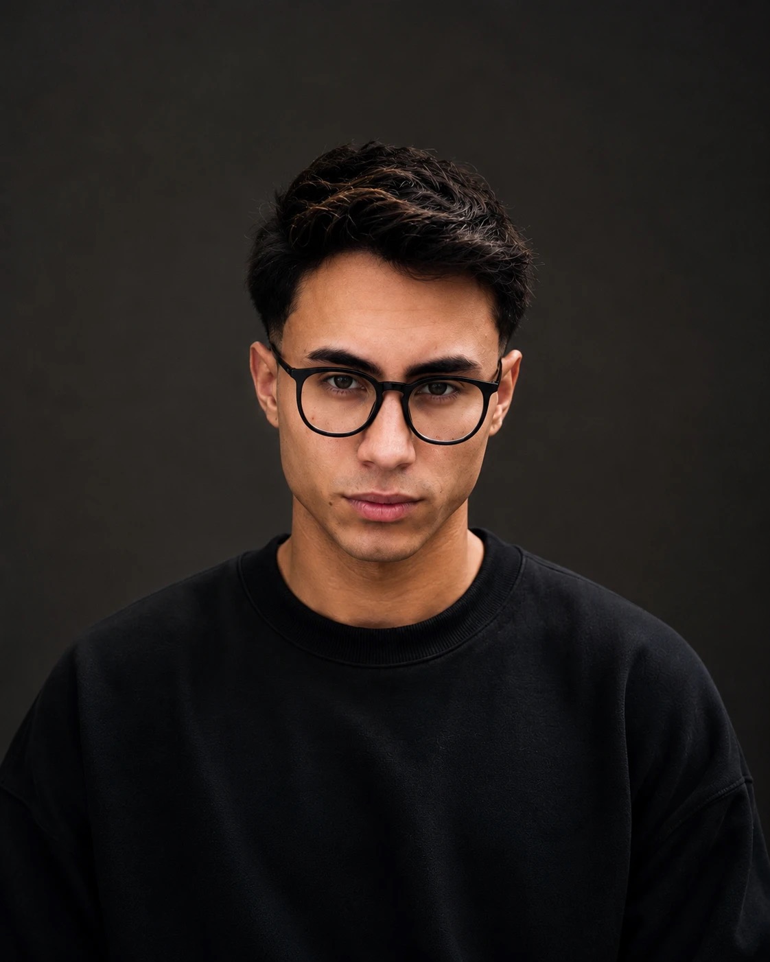 Retrato em preto e branco do Juan, fundador da Pharos, de óculos e blusa preta, sobre fundo escuro